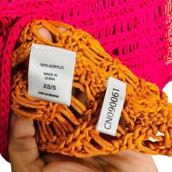 New York & CO Color Block Pink/Orange One Shoulder Slit Crochet Slouchy Sweater - Picture 6 of 7